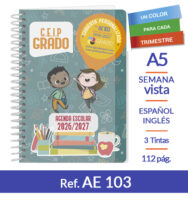Agenda escolar 2026-2027 bilingüe, con un color por cada trimestre.